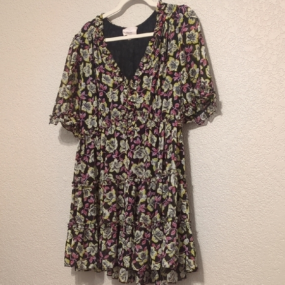 Cinq à Sept black multicolor floral v-neck Tish mini dress ruffle trim - Picture 3 of 8